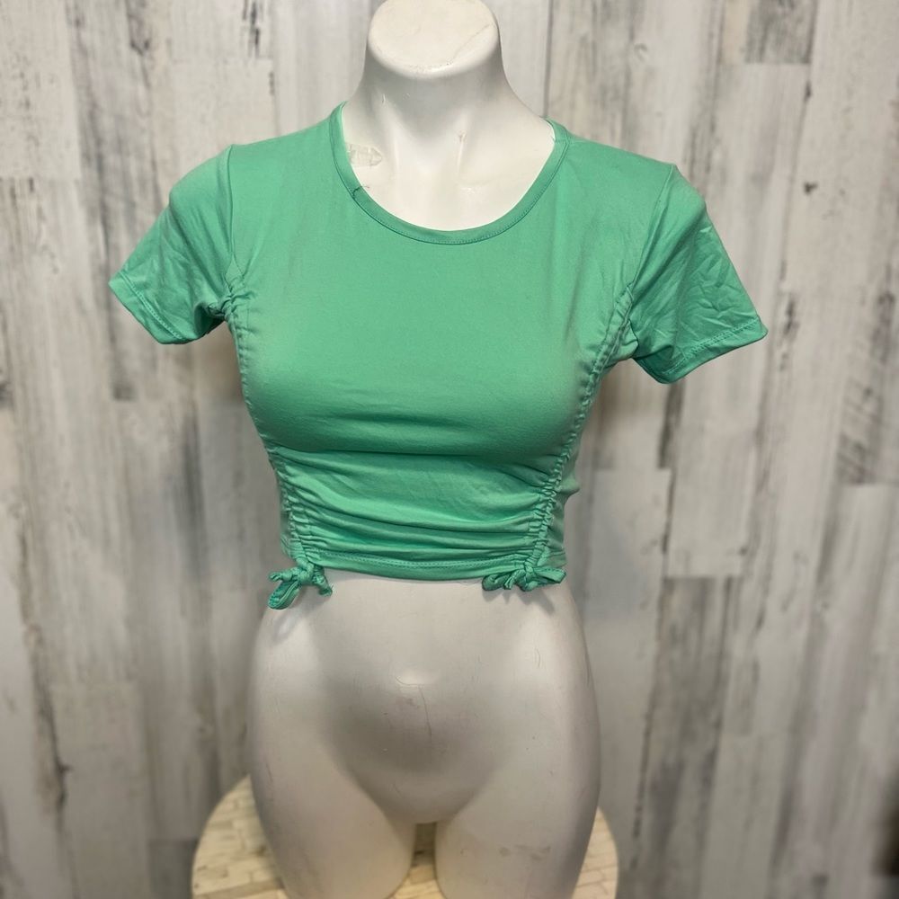 Love Mint Green Ruched Crop Top Womens Size Large L Short Sleeve Drawstring Tee